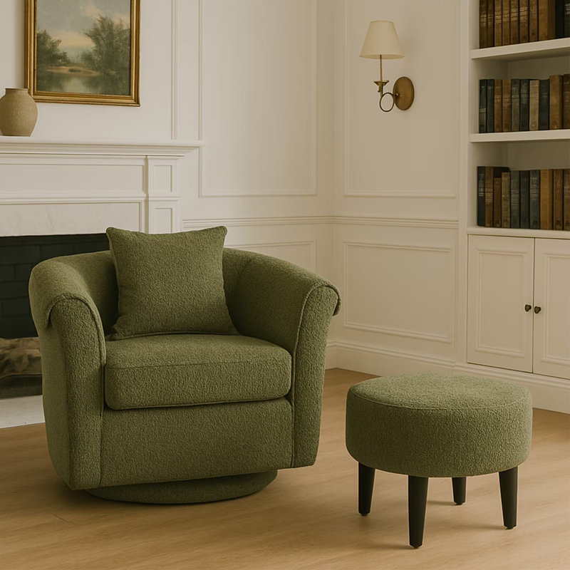 Chenille Swivel Accent Chair with Ottoman, Green