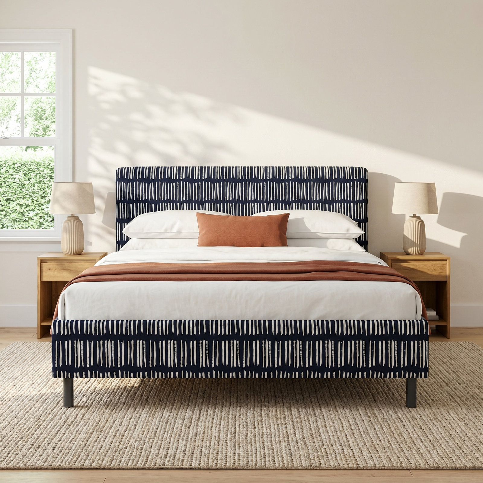 Lazlo Cotton Upholstered Bed, California King, Dash Navy, Striped