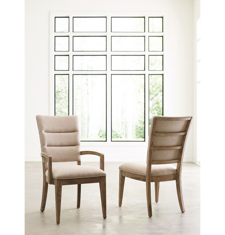 Beige Upholstered Wood Side Chair with Brown Finish