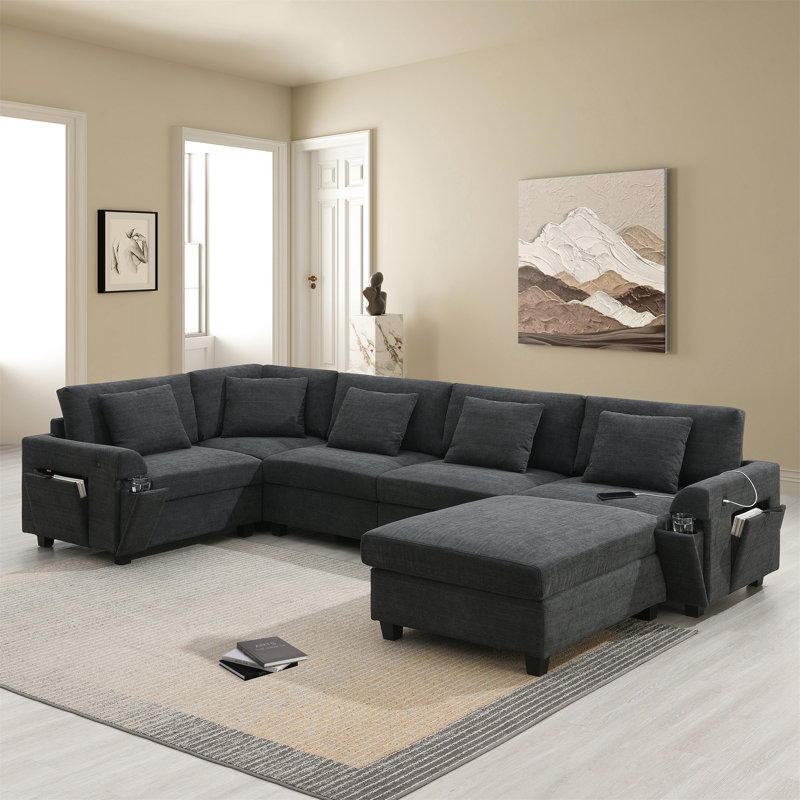 128*67" U Shaped Sectional Sofa, Black