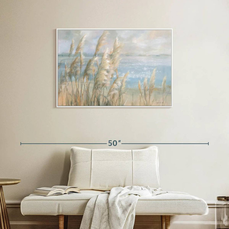 Herbe de la pampa au bord de la mer, 37 po x 25 po, Cadre flottant blanc