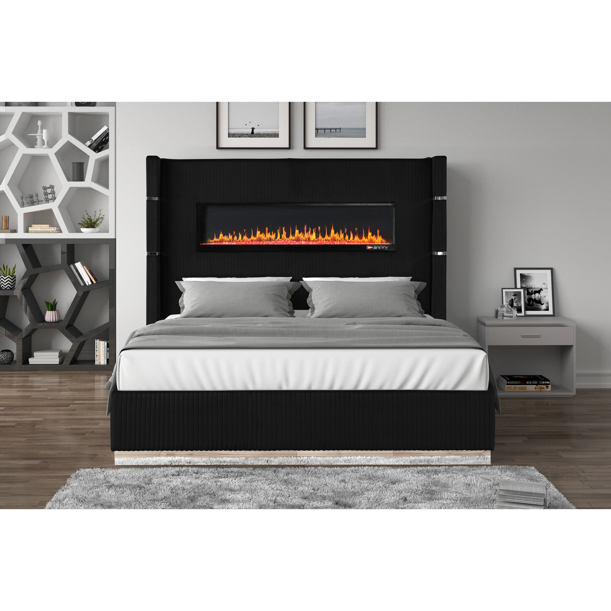 Everly Quinn Black Velvet King Bed Featuring Electric Fireplace In