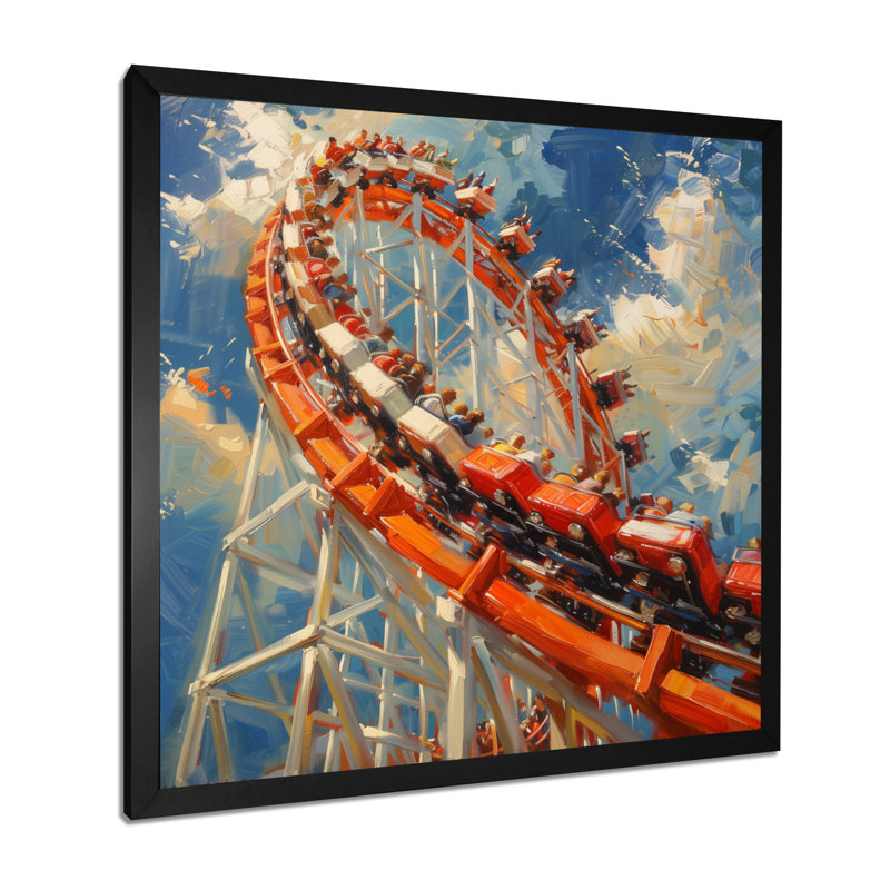 «Orange Orange Roller Coaster Rush - Amusement Parks», reproduction d'art mural, H 16 po x l 16 po, Cadre simple noir