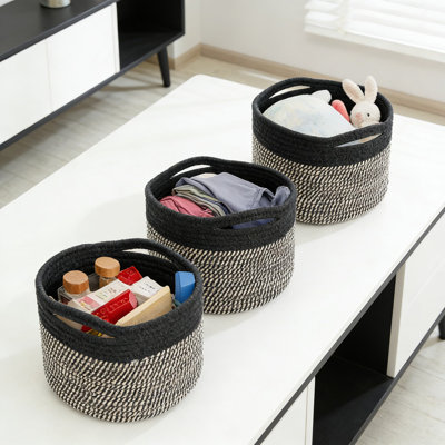 Hand-Woven Cotton Rope Storage Baskets, Decorative Round Woven Organizer Bins With Reinforced Handles For Home, Shelf, Toy, And Gift Use