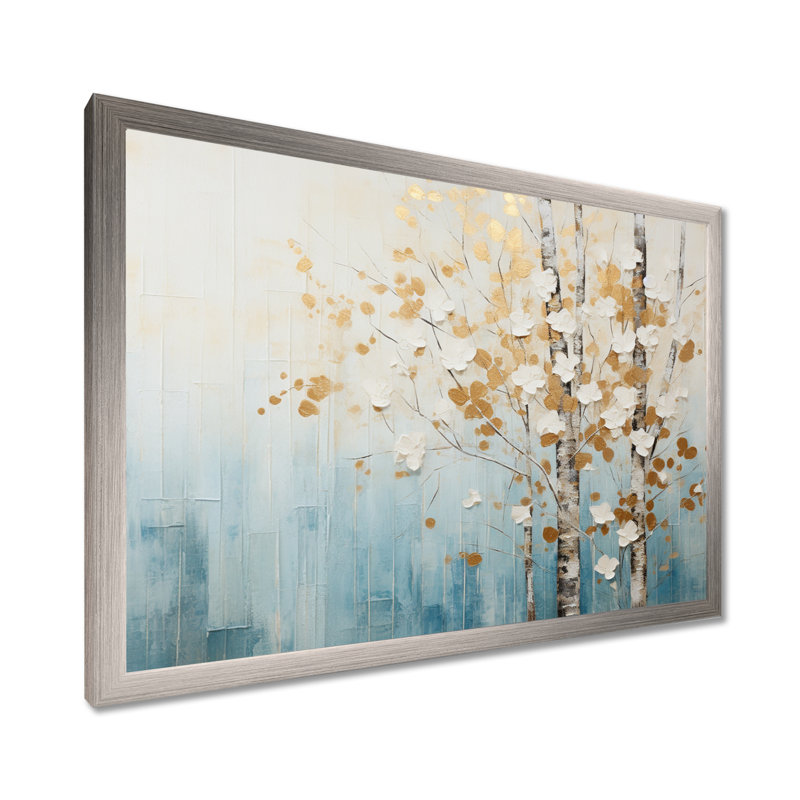 Minimalisme bleu et forêt dorée I - art mural forêt, H 24 po x l 32 po x P 1 po, Cadre simple argenté