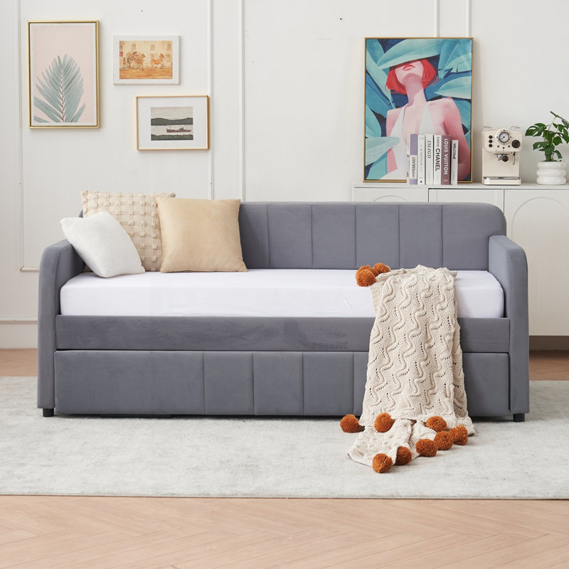 Twin Upholstered Daybed Frame with Trundle, Grey