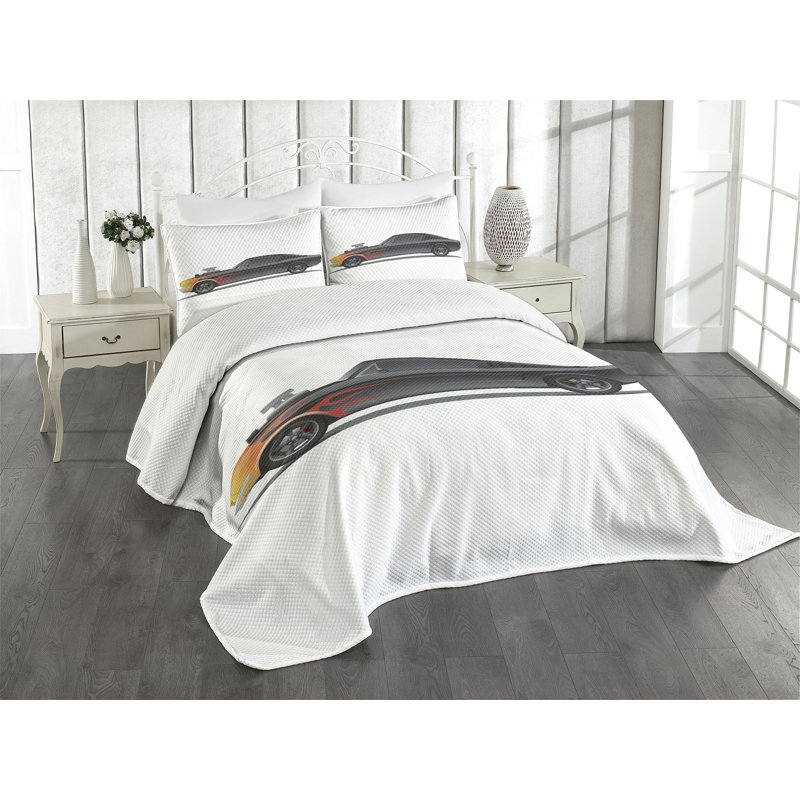 Gray Quilted Queen Bedspread Set with Car Design