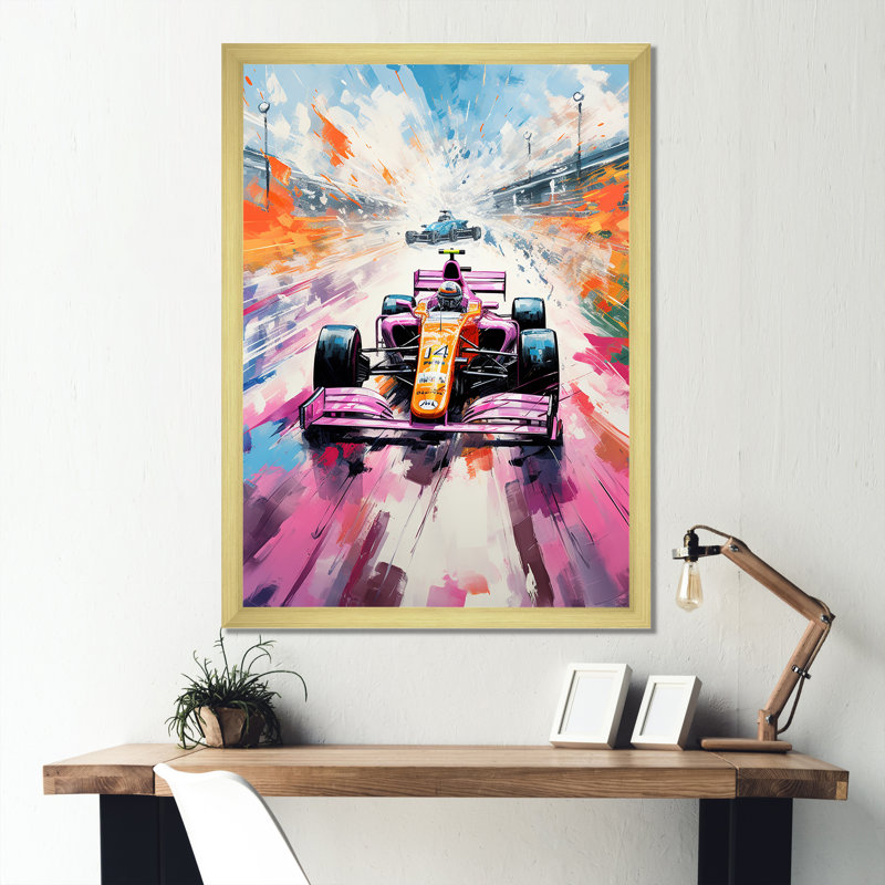 Popart Formule voiture sur la piste de course I - Art mural, Cadre flottant doré, H 32 po x l 16 po