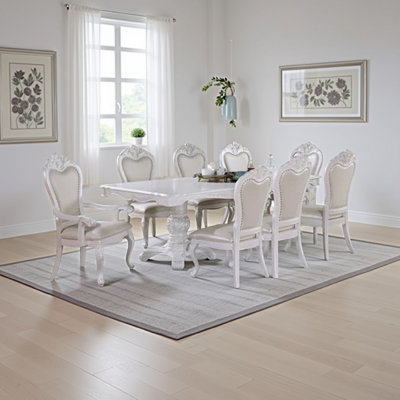Ensemble de salle à manger Zenie, table en bois chic, 8 chaises sculptées