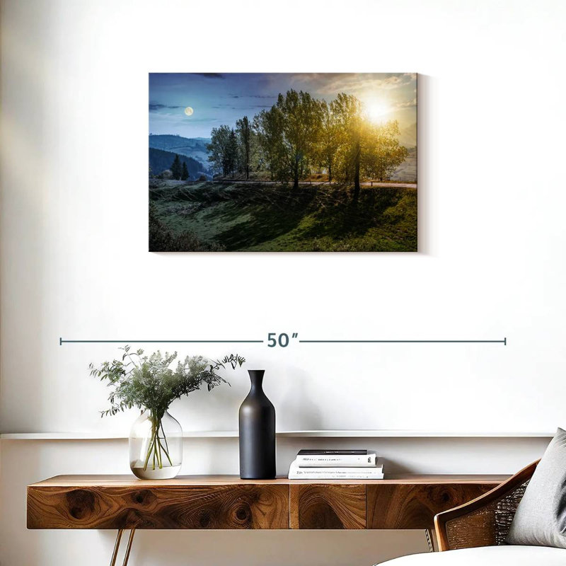 Coucher de soleil et lever de lune, H 20 po x l 30 po
