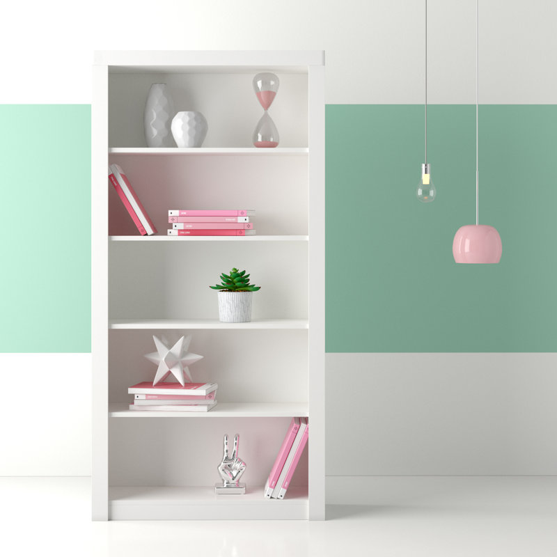 Olinda 71.85" H x 35.63" W Mid-Century Modern 5-Shelf Standard Open Bookcase in White, White