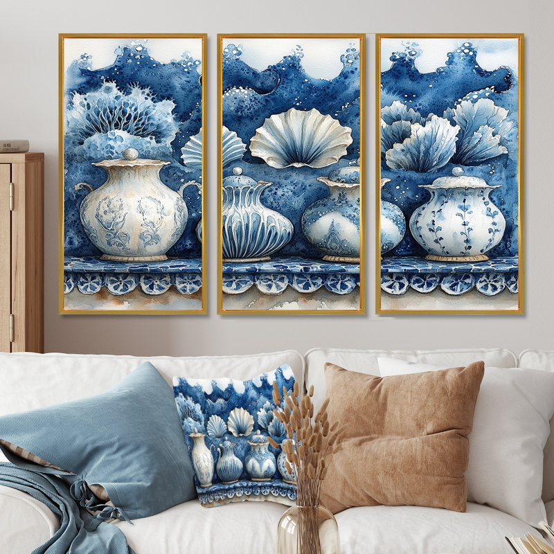 Poterie de plage dans des tons bleus et blancs - ensemble de décoration murale de poterie de plage