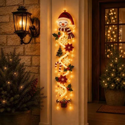 Glowing Santa Hat Hanging Christmas Light Decor, Warm LED Vertical Wall and Door Decoration with Candy Canes and Snowflakes