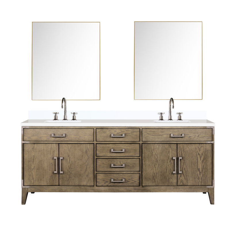 80 po Meuble-lavabo double large en chêne gris avec comptoir en quartz blanc, robinet inclus, 36 miroirs, garniture scellée et durable pour la durabilité