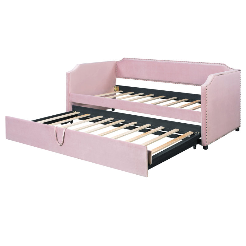 Space-saving Twin Beds, Velvet Upholstered With Extendable Trundle, Ideal For Modern Homes