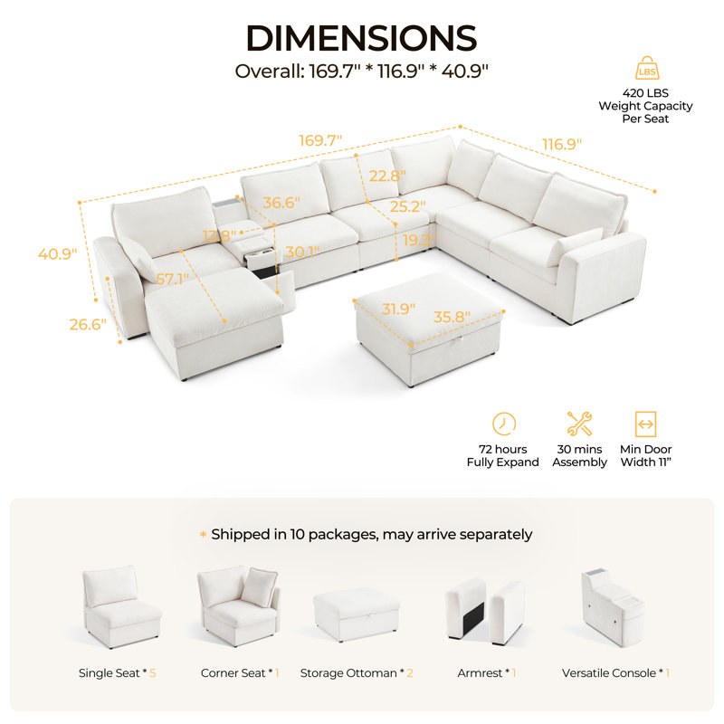 U-shaped 8-seater Oversized Modular Sofa Set Chenille Cloud Couch With Versatile Console, Side Table With Charging Storage Cup Holder