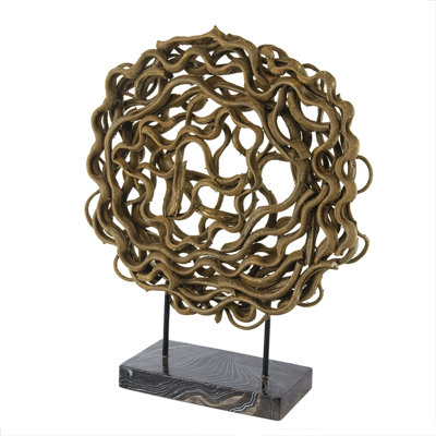 Decorative Tabletop Sculpture, Brown Rattan Intertwined, 20 Inch Round
