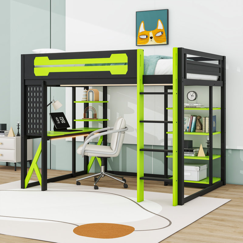 Full Wood Loft Bed with Desk, Shelves, LED Light and Power Outlet, Black Green