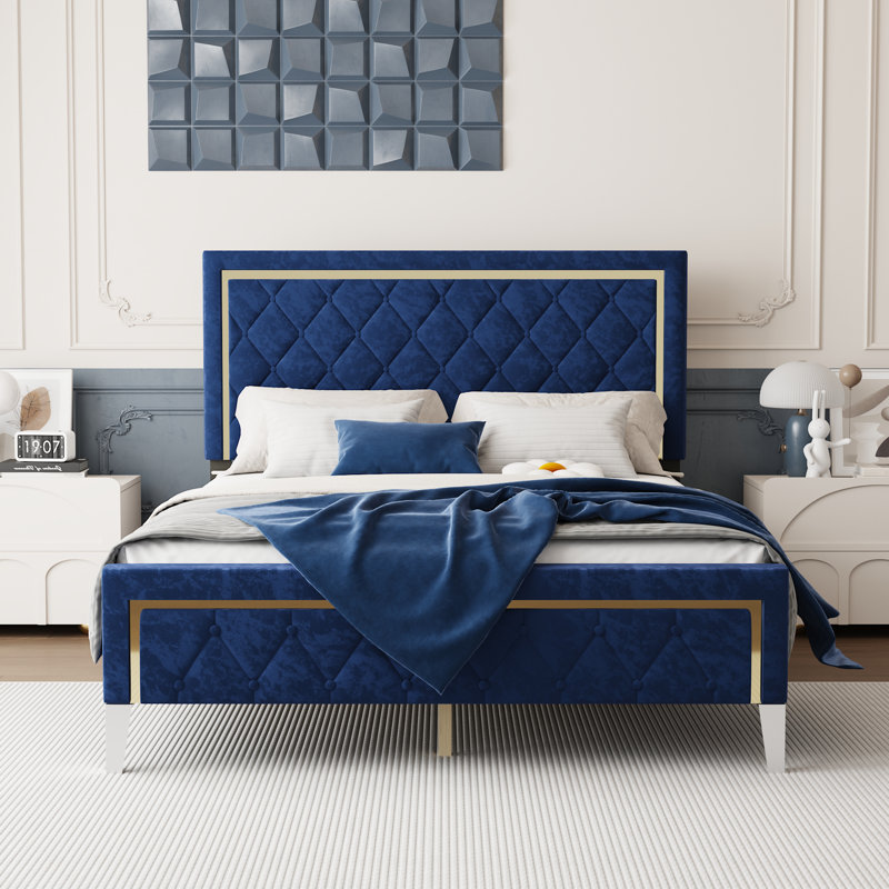 Queen Size Blue Upholstered Platform Bed Frame With Diamond Tufted Headboard And Metal Accents