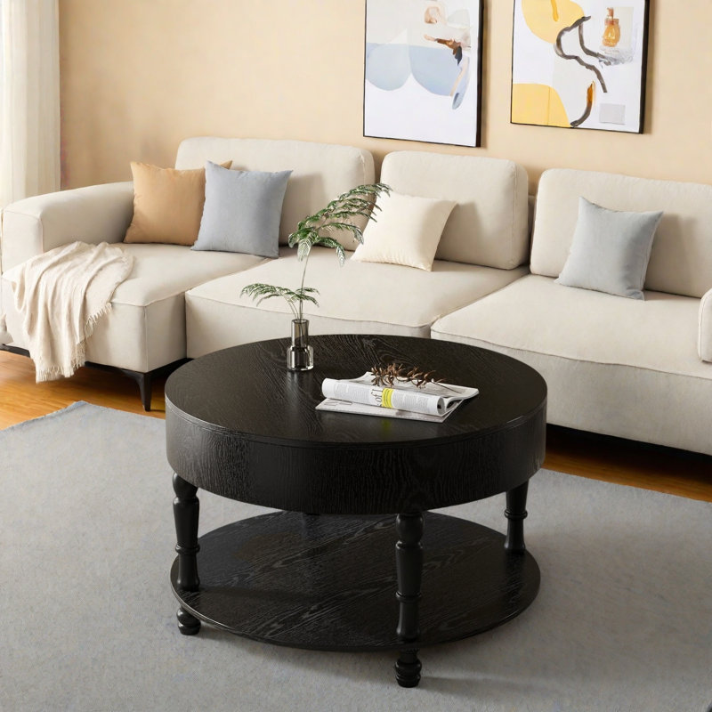Table basse ronde moderne avec compartiment caché, tablette ouverte et pieds réglables, Noir