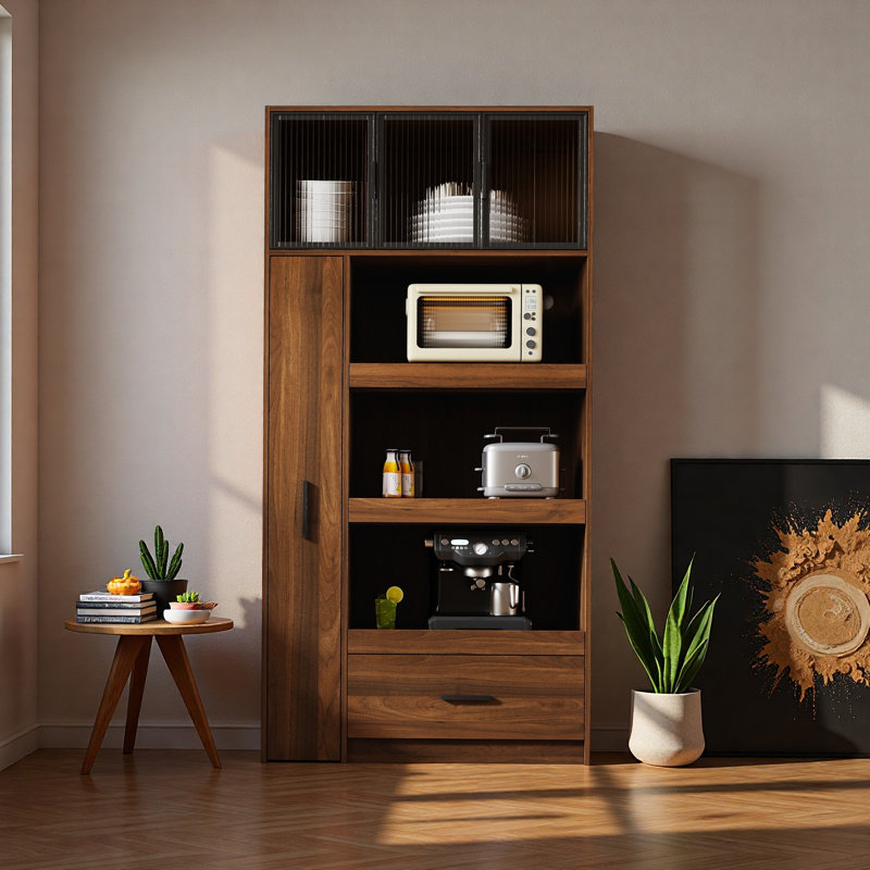 Armoire de cuisine autoportante de 70,87 po avec tablettes coulissantes, huche de rangement en verre avec support à micro-ondes, pour la salle à manger et la cuisine