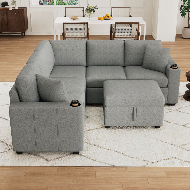 Canapé modulaire convertible polyvalent avec rangement caché et ports USB, Gris