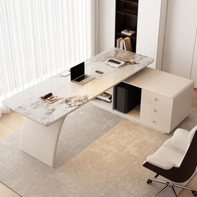 Bureau en L en pierre agglomérée de luxe italien avec armoire de rangement