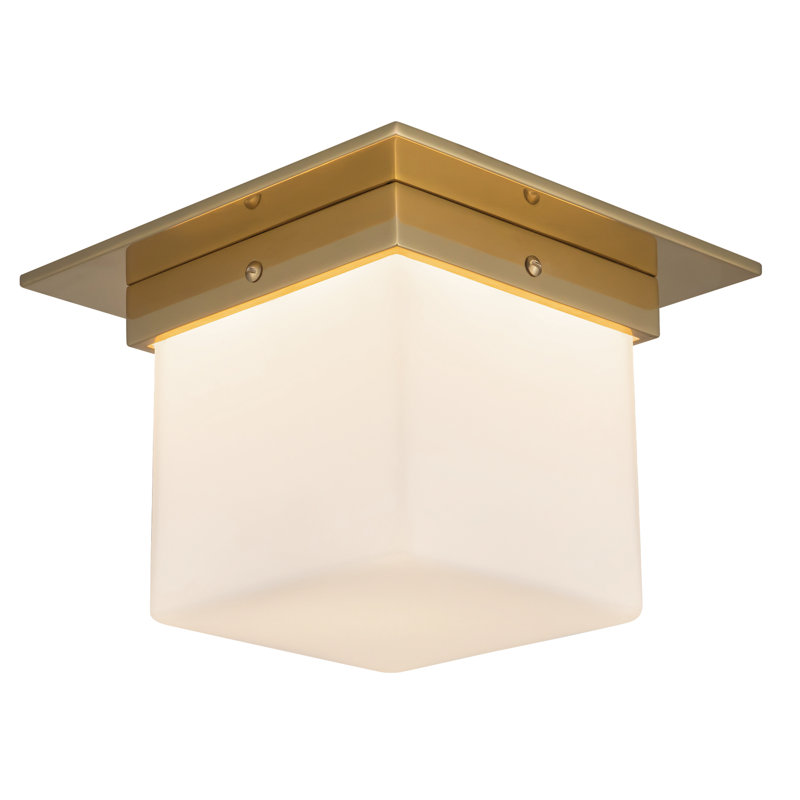 Plafonnier carré minéral en laiton minéral patiné avec verre opale 8 po (6 po de hauteur), Verre opale, Brass