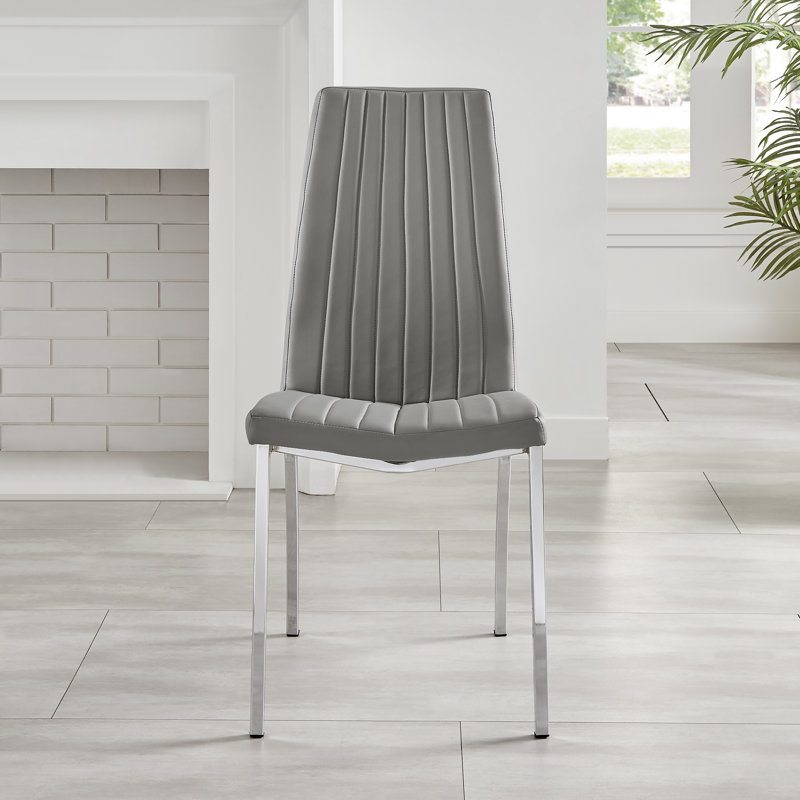 Edzard Chrome & White High Gloss Dining Table Set with 6 Luxury Faux Leather Dining Chairs, Elephant Gray