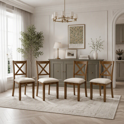 Set of 4 Wooden Dining Chairs with Padded Seats, X-Back Design for Comfort and Style in Dining and Living Rooms, Oak Finish
