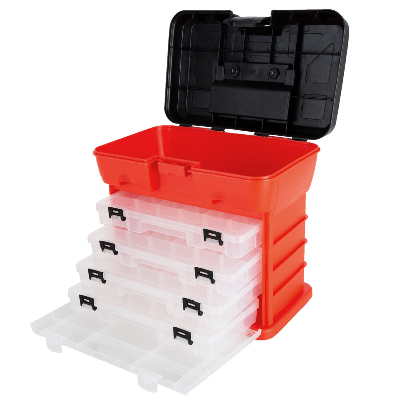Stalwart Portable Tool Storage Box - Small Parts Organizer with 4 Multi-Compartment Trays ,Red