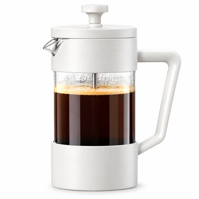 Cafetière à piston en verre borosilicaté OGGI (20 oz) - capacité de 5 tasses, cafetière à portion unique, couvercle et piston en acier inoxydable, cadeaux pour faire de grands cafés, blanc
