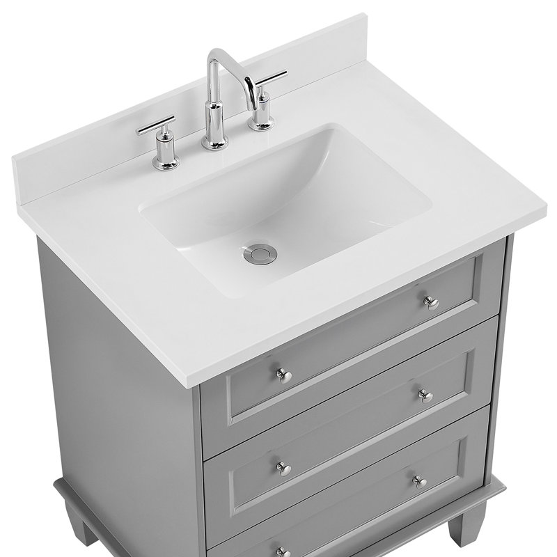 Meuble-lavabo simple autoportant biseauté de 30 po avec plateau en quartz Audrey, Gris, L 30 po