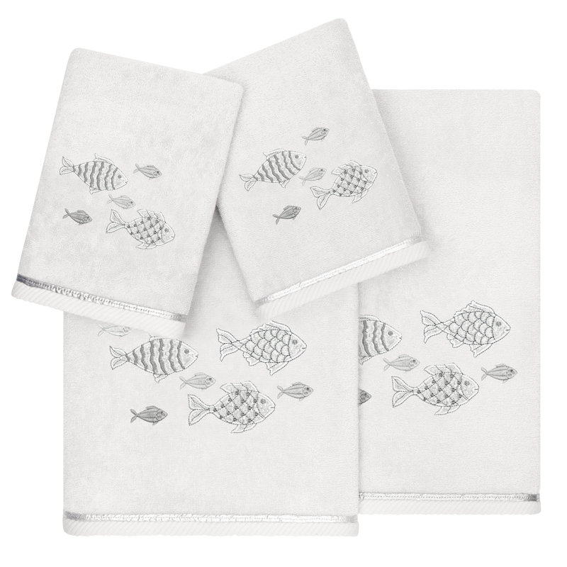 FIGI 4PC Embellished Towel Set 4 Piece Turkish Cotton Towel Set, Silver