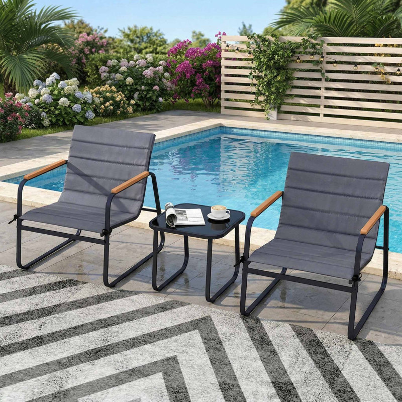 3-Piece All-Weather Breathable Fabric Outdoor Patio Bistro Conversation Set, 2 Padded Armchairs With Removable Washable Covers, 1 Anti-Scratch Small Side Table