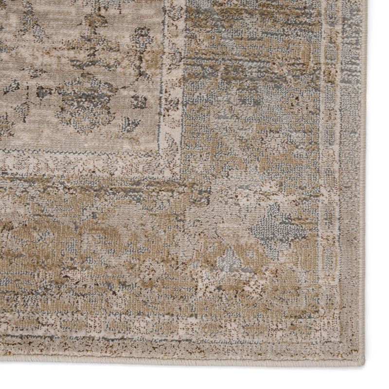 Large Gray and Beige Oriental Viscose Area Rug