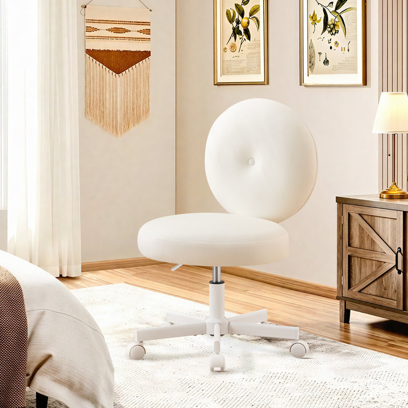 Upholstered Armless Velvet Vanity Chair, Ergonomic Height Adjustable Task Office Chair, White