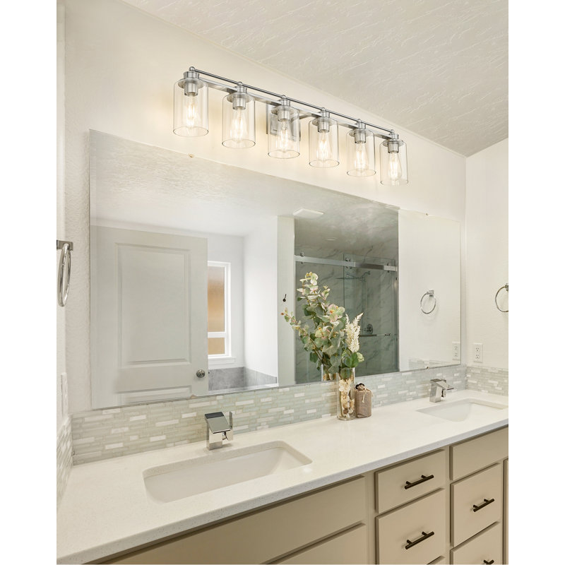 Éclairage de salle de bain à intensité variable 6 lumières, abat-jour en verre transparent, nickel brossé, Nickel brossé