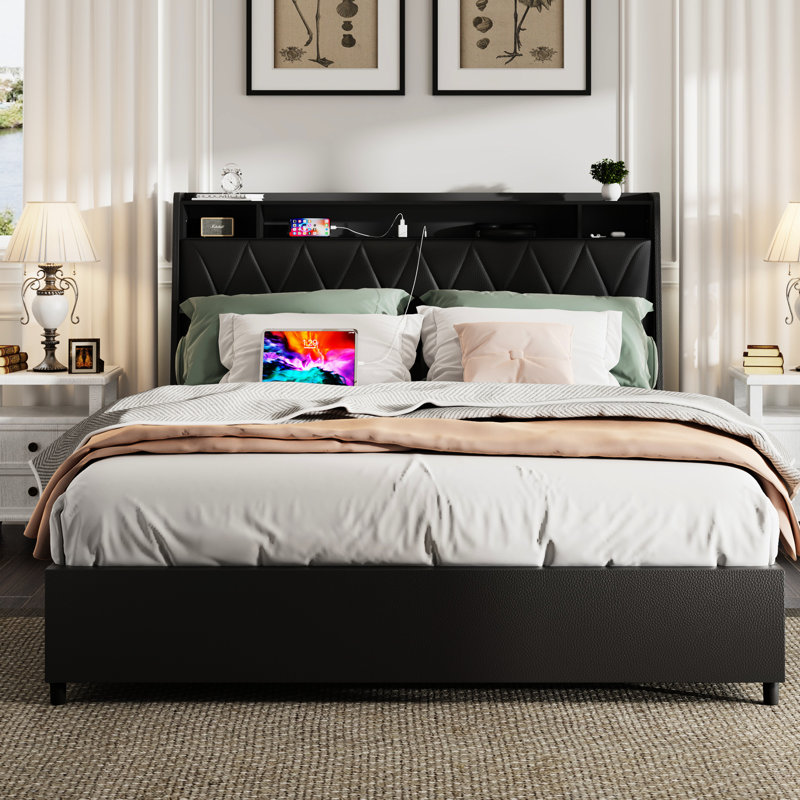Ergonomic Headboard Full Platform Bed Frame With Storage & Outlets, Quiet, Metal, Black, No Box Spring, Bedroom Brilliance Headboard, Storage, And Noise-, , Size, Black