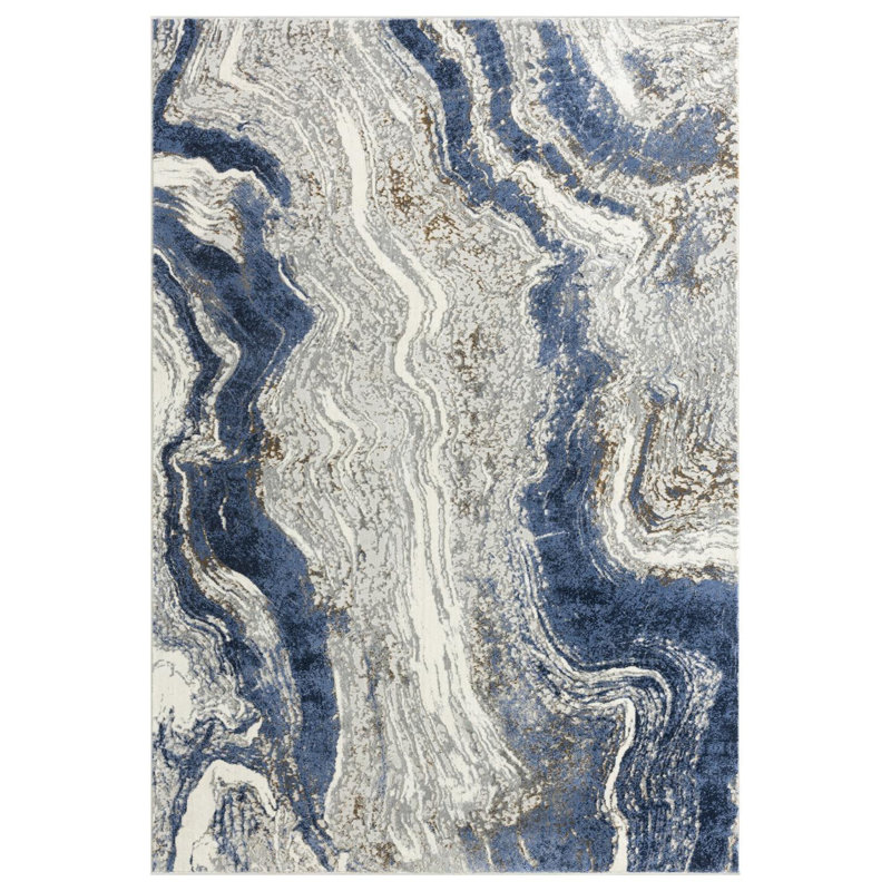 Marble Abstract Blue/Gold Area Rug, Rectangle 5'1" x 7'5"