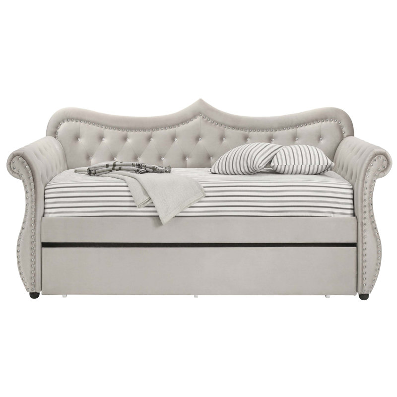 Beige Velvet Upholstered Twin Daybed with Nailhead Trim