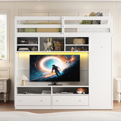 Full Size Loft Bed Of White Color With Drawers, Shelves, Rear Storage And Customizable Led Lighting For Teens' Living Equipped Remote - Control A Neat Bedroom