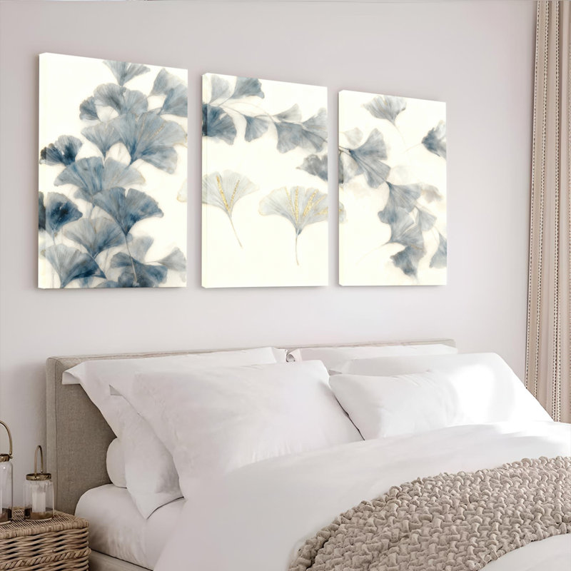 Feuilles de ginkgo, aquarelle, art sur toile tendue, ensemble de 3 décorations pour salon, chambre à coucher