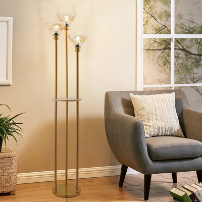 Lampe sur pied 3 lumières ambre avec abat-jour en verre fleur, ampoules incluses