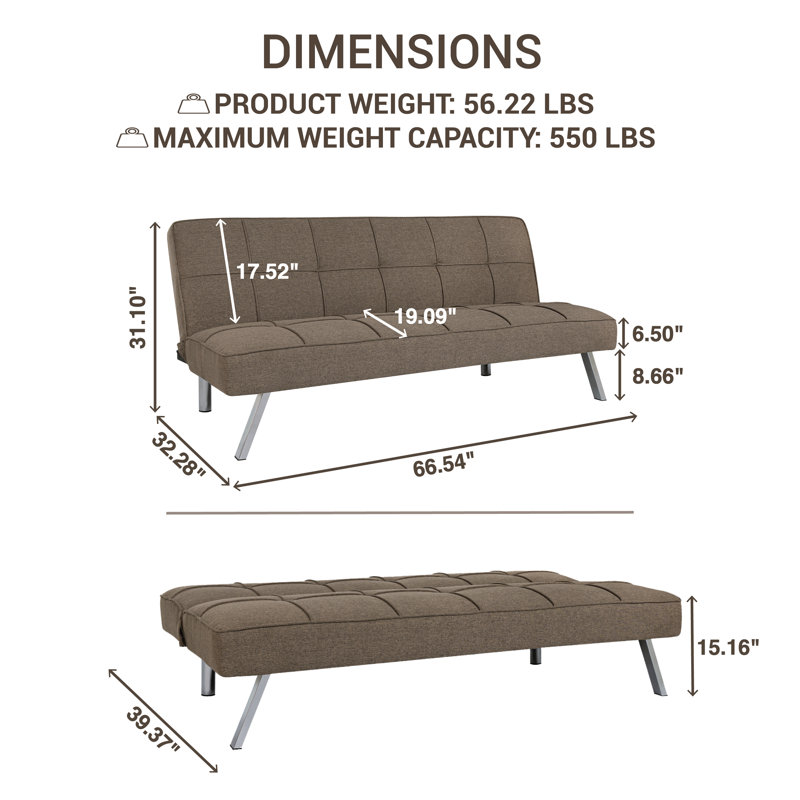 Futon convertible en tissu avec lin Harvyn 66,14 po, Lin à 100 % couleur café