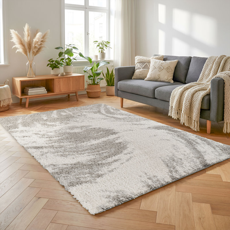 Serene Ivory & Gray Abstract Shag Modern Rug, Ivory/Gray, 6'4" x 9'4"