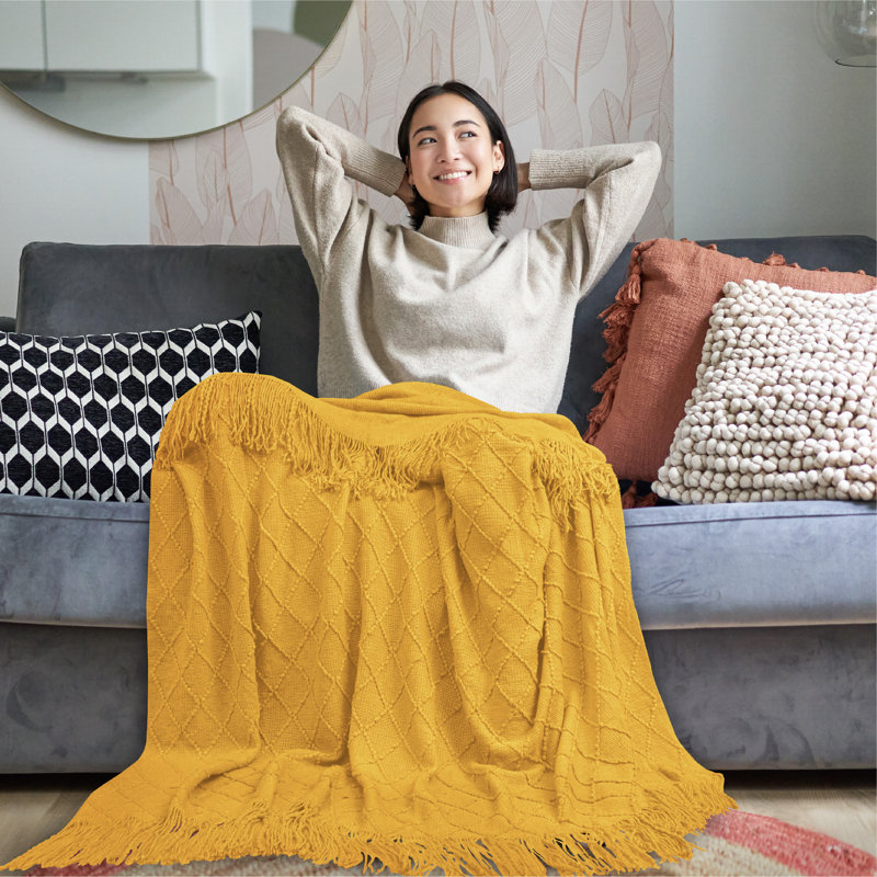 Mustard Yellow Knitted Fleece Reversible Throw Blanket