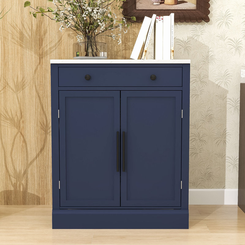 Kitchen Pantry with Faux Marble Top, Adjustable Shelves, Pull-out Drawer and Cabient, Blue