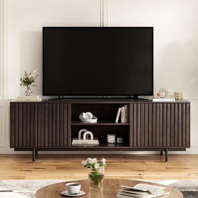 Mid Century Tv Stand With Retro Wood Aesthetic, Fluted Look, Pop - Up Doors And Customizable Storage For Living Room, Dark Walnut, Metal Wood, 63"L X 20.9"H 15.7"W, Supports 250 Lbs Modern 75 Inch