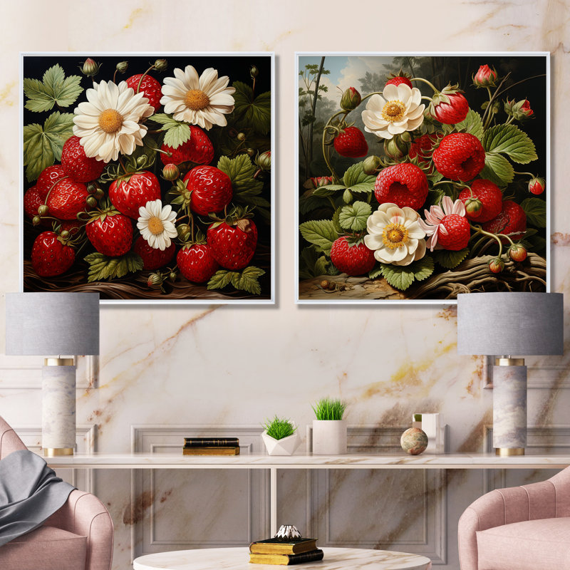 Peinture Renaissance d'un ensemble de salon mural «Strawberry Fruit I» - fruits, Cadre flottant blanc